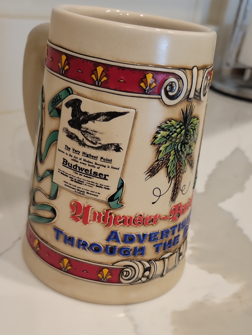 Budweiser Beige Ceramic Stein with Red, Blue and Green Accents